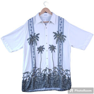 Pierre Cardin‎ Men’s Tropical Palm Tree Button-Up Hawaiian Shirt Sz Large White